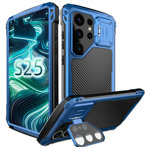 For Samsung Galaxy S25 Ultra Case Aluminum Alloy + Silicone Lens Kickstand Phone Cover with Tempered Glass Film - Blue - 1