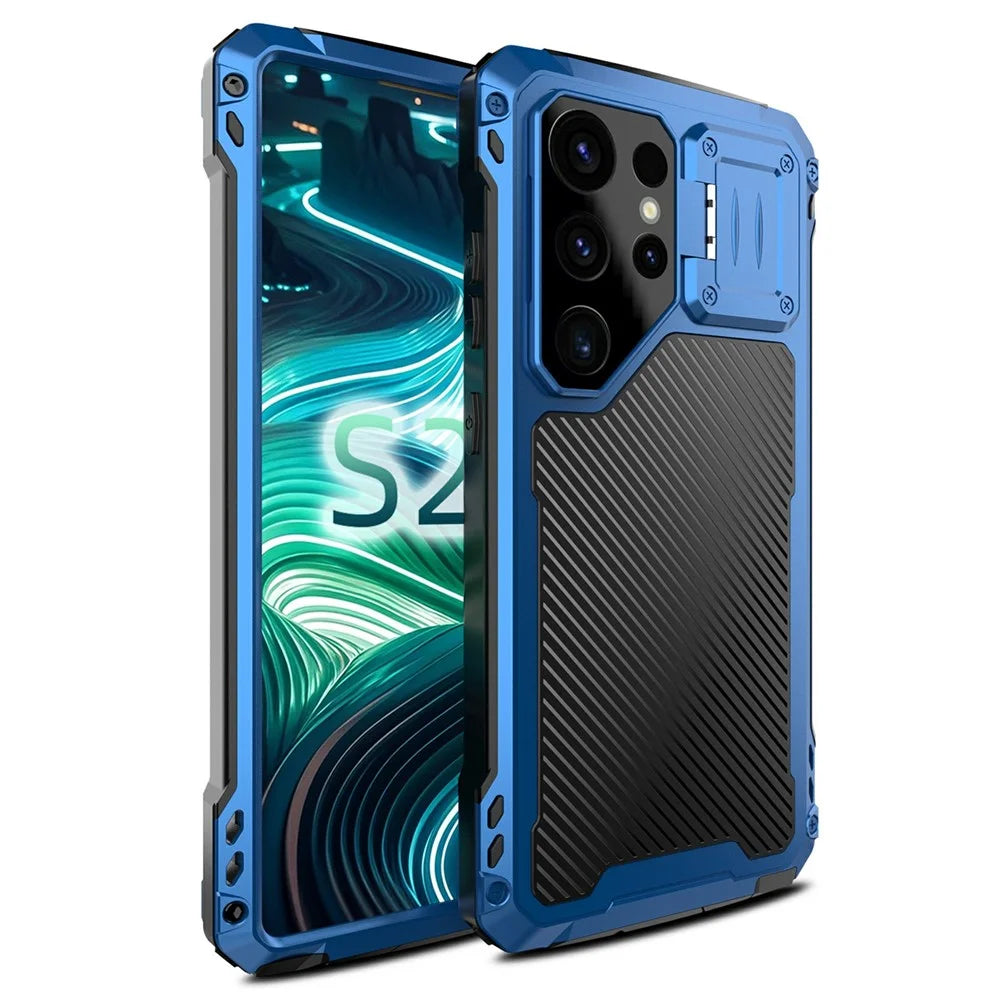 For Samsung Galaxy S25 Ultra Case Aluminum Alloy + Silicone Lens Kickstand Phone Cover with Tempered Glass Film - Blue - 2