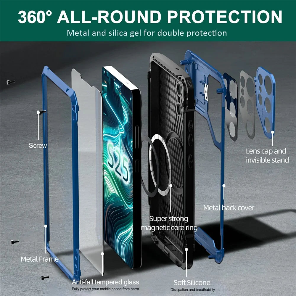 For Samsung Galaxy S25 Ultra Case Aluminum Alloy + Silicone Lens Kickstand Phone Cover with Tempered Glass Film - Blue - 3