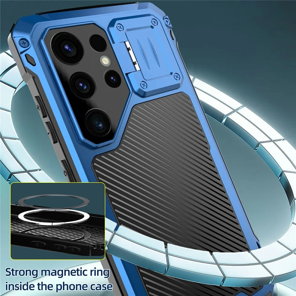 For Samsung Galaxy S25 Ultra Case Aluminum Alloy + Silicone Lens Kickstand Phone Cover with Tempered Glass Film - Blue - 4