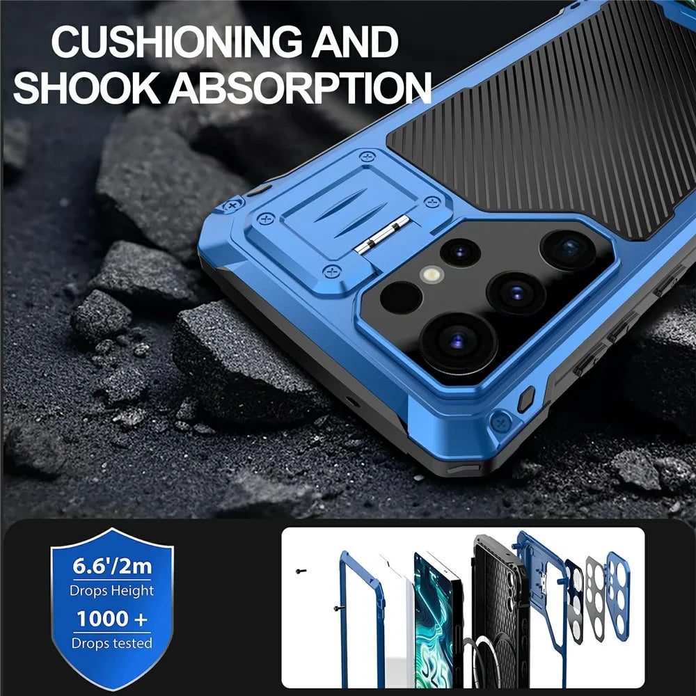 For Samsung Galaxy S25 Ultra Case Aluminum Alloy + Silicone Lens Kickstand Phone Cover with Tempered Glass Film - Blue - 5