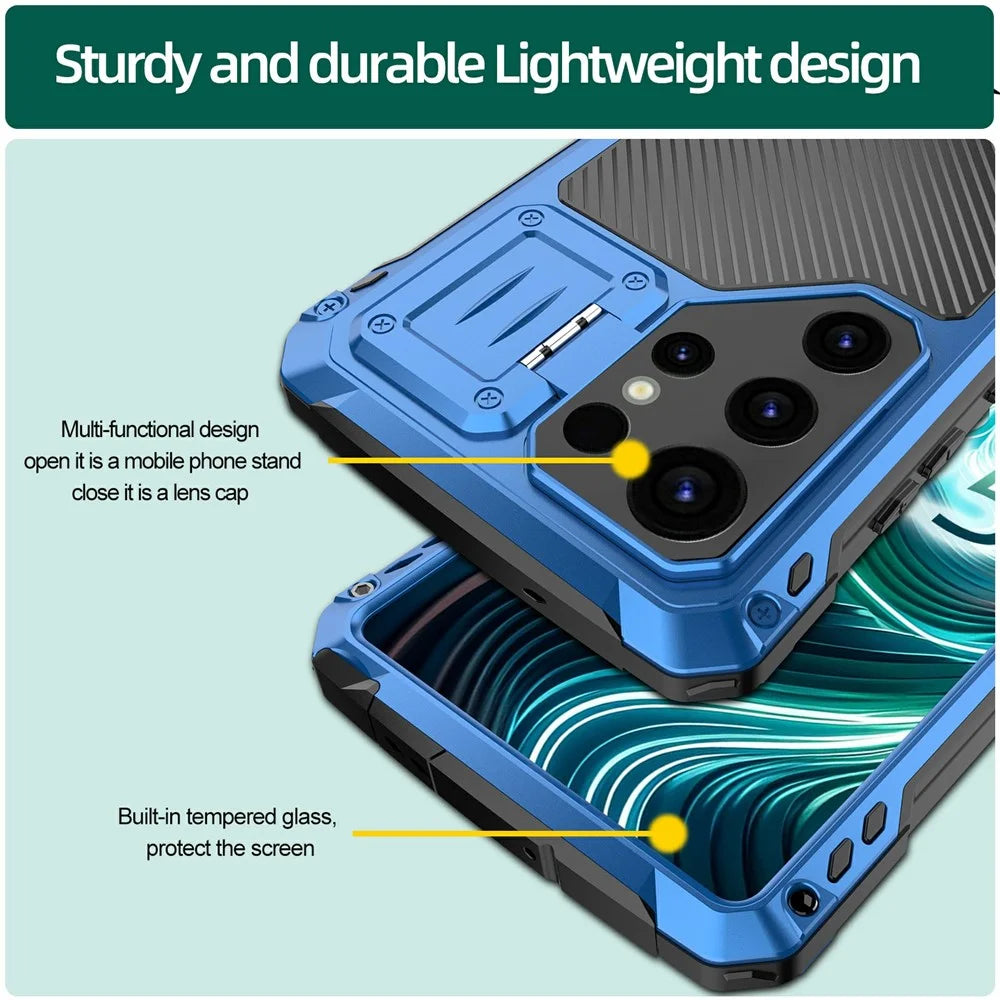 For Samsung Galaxy S25 Ultra Case Aluminum Alloy + Silicone Lens Kickstand Phone Cover with Tempered Glass Film - Blue - 6