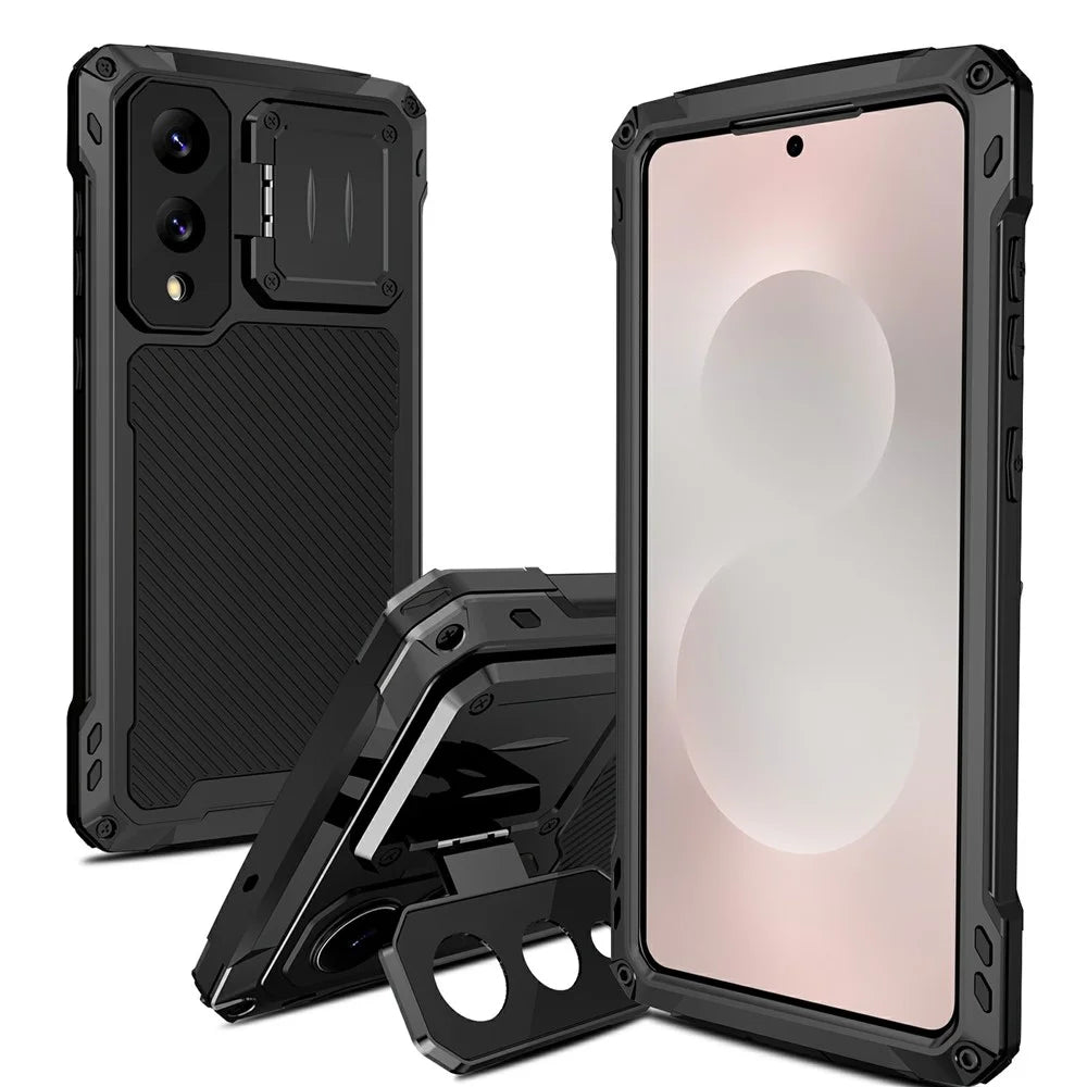 For Samsung Galaxy S25 Edge Case Aluminum Alloy + Silicone Lens Kickstand Phone Cover with Tempered Glass Film - Black - 1