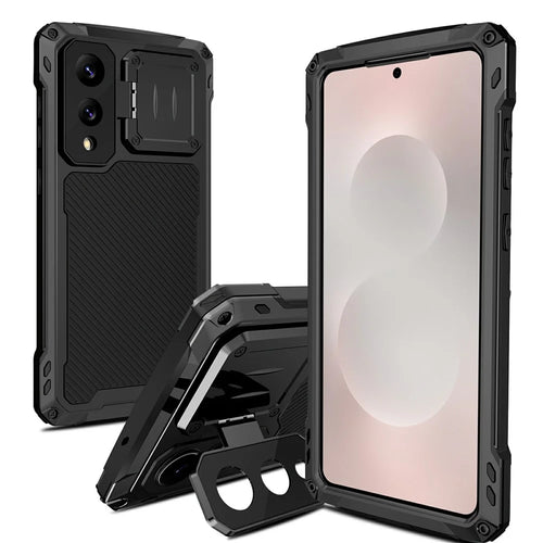 For Samsung Galaxy S25 Edge Case Aluminum Alloy + Silicone Lens Kickstand Phone Cover with Tempered Glass Film - Black - 1