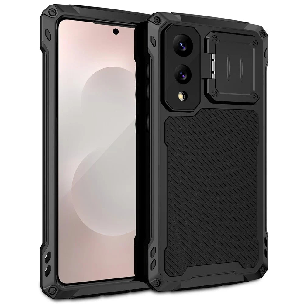 For Samsung Galaxy S25 Edge Case Aluminum Alloy + Silicone Lens Kickstand Phone Cover with Tempered Glass Film - Black - 2