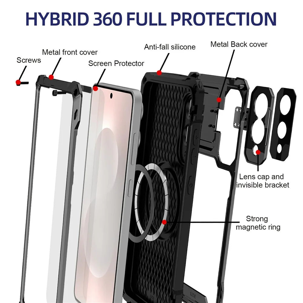 For Samsung Galaxy S25 Edge Case Aluminum Alloy + Silicone Lens Kickstand Phone Cover with Tempered Glass Film - Black - 3