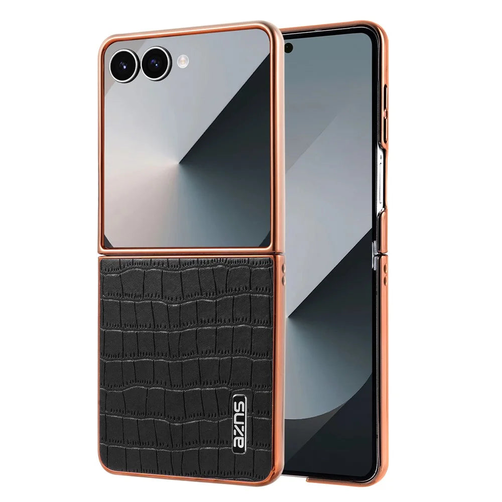 AZNS For Samsung Galaxy Z Flip7 5G Case Electroplating Crocodile Texture PU + PC Phone Cover - Black - 1