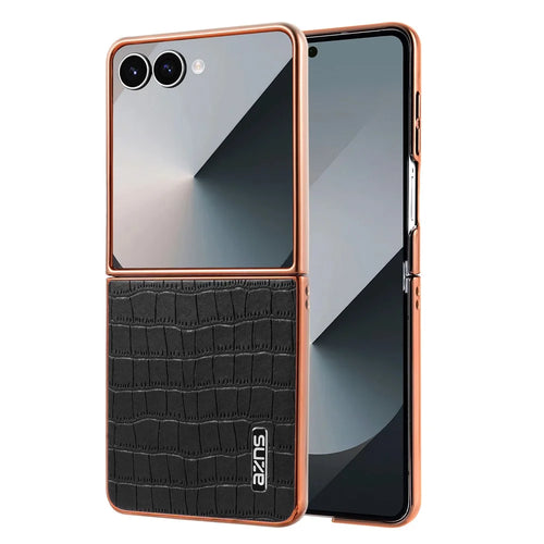 AZNS For Samsung Galaxy Z Flip7 5G Case Electroplating Crocodile Texture PU + PC Phone Cover - Black - 1