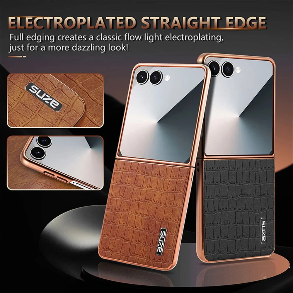 AZNS For Samsung Galaxy Z Flip7 5G Case Electroplating Crocodile Texture PU + PC Phone Cover - Black - 5
