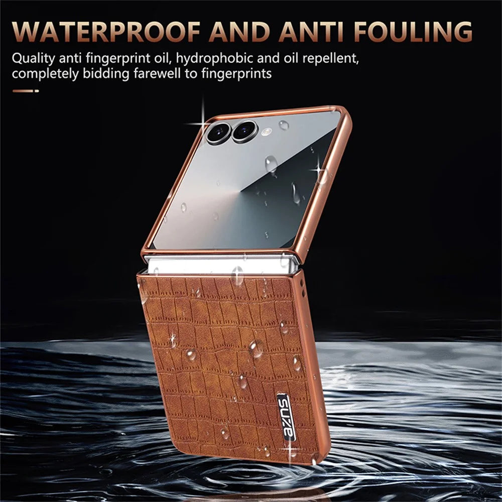 AZNS For Samsung Galaxy Z Flip7 5G Case Electroplating Crocodile Texture PU + PC Phone Cover - Black - 6