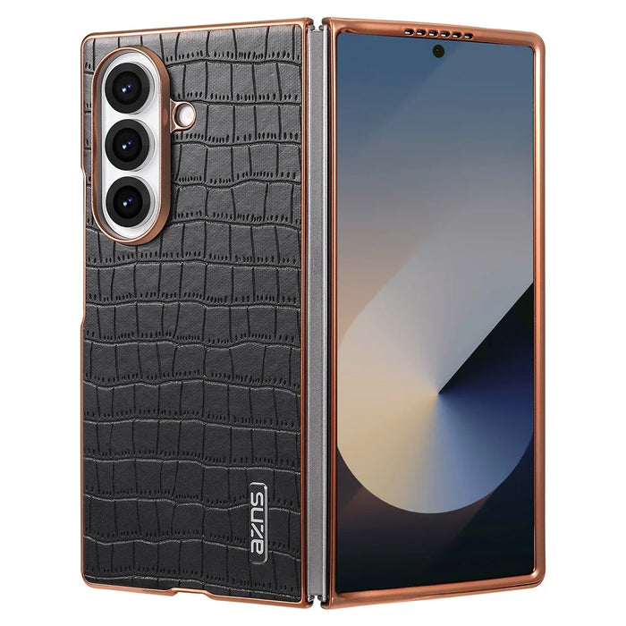 AZNS For Samsung Galaxy Z Fold7 5G Case Electroplating Crocodile Texture PU + PC Phone Cover - Black - 1
