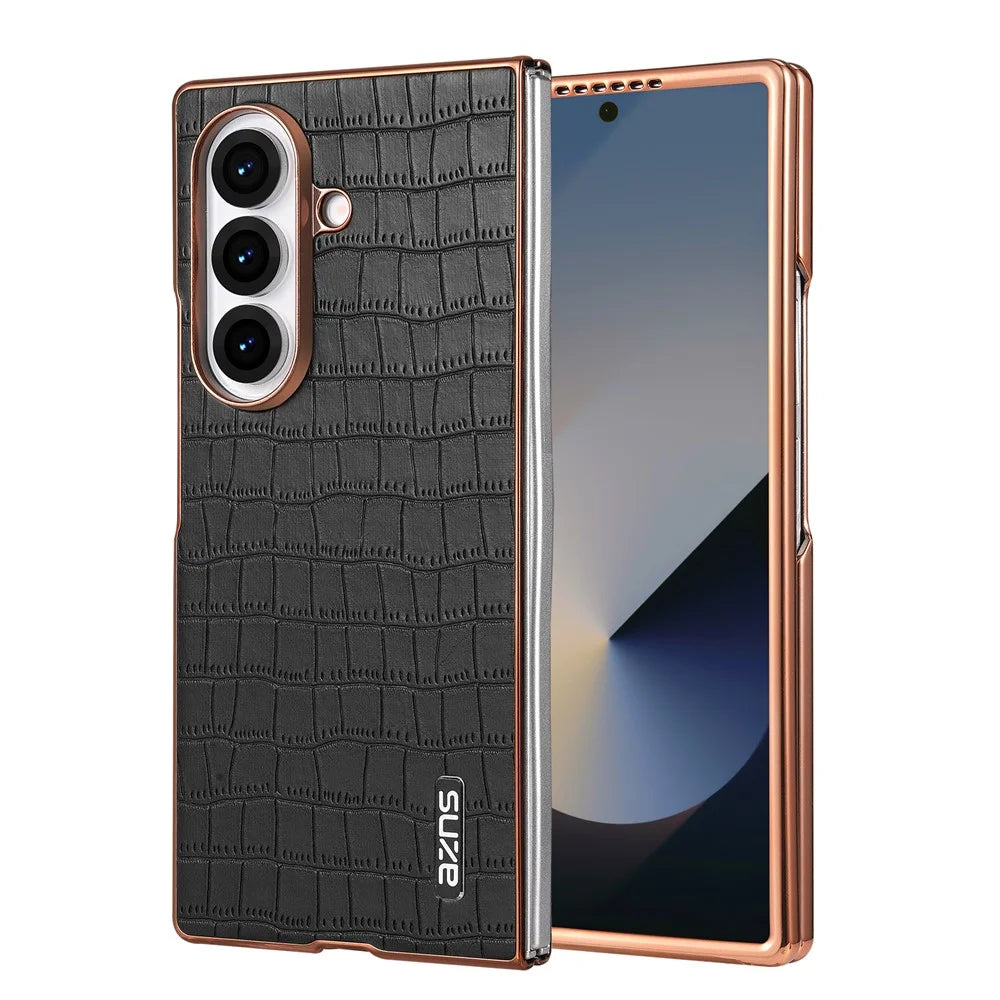 AZNS For Samsung Galaxy Z Fold7 5G Case Electroplating Crocodile Texture PU + PC Phone Cover - Black - 3