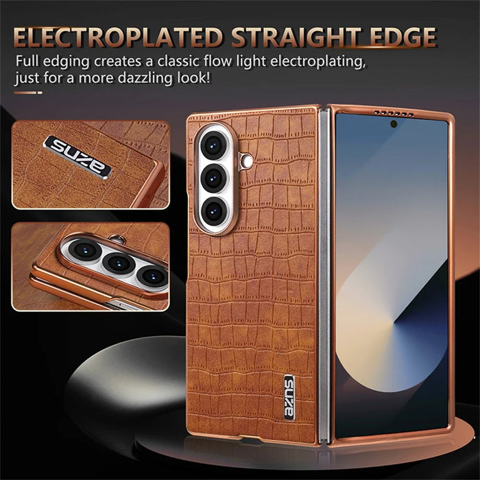 AZNS For Samsung Galaxy Z Fold7 5G Case Electroplating Crocodile Texture PU + PC Phone Cover - Black - 4