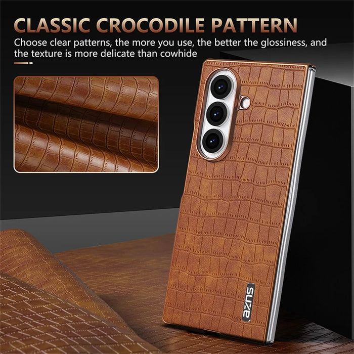 AZNS For Samsung Galaxy Z Fold7 5G Case Electroplating Crocodile Texture PU + PC Phone Cover - Black - 5