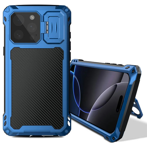 For iPhone 16 Pro Max Case Aluminum Alloy + Silicone Lens Kickstand Phone Cover with Tempered Glass Film - Blue - 1