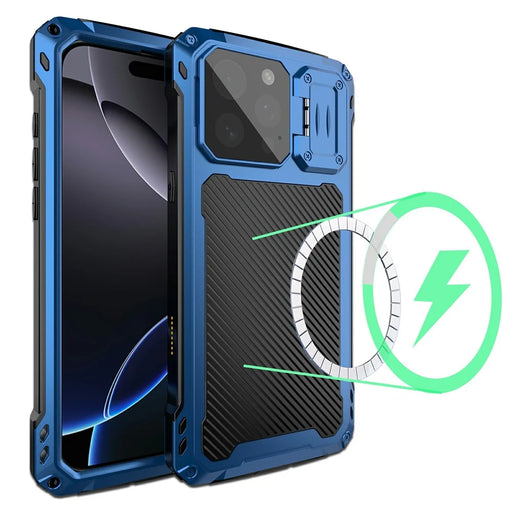 For iPhone 16 Pro Max Case Aluminum Alloy + Silicone Lens Kickstand Phone Cover with Tempered Glass Film - Blue - 2