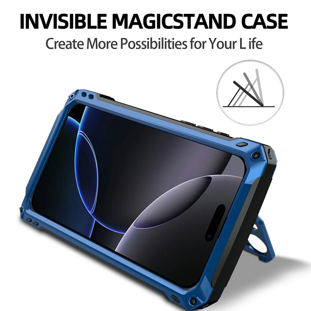 For iPhone 16 Pro Max Case Aluminum Alloy + Silicone Lens Kickstand Phone Cover with Tempered Glass Film - Blue - 6