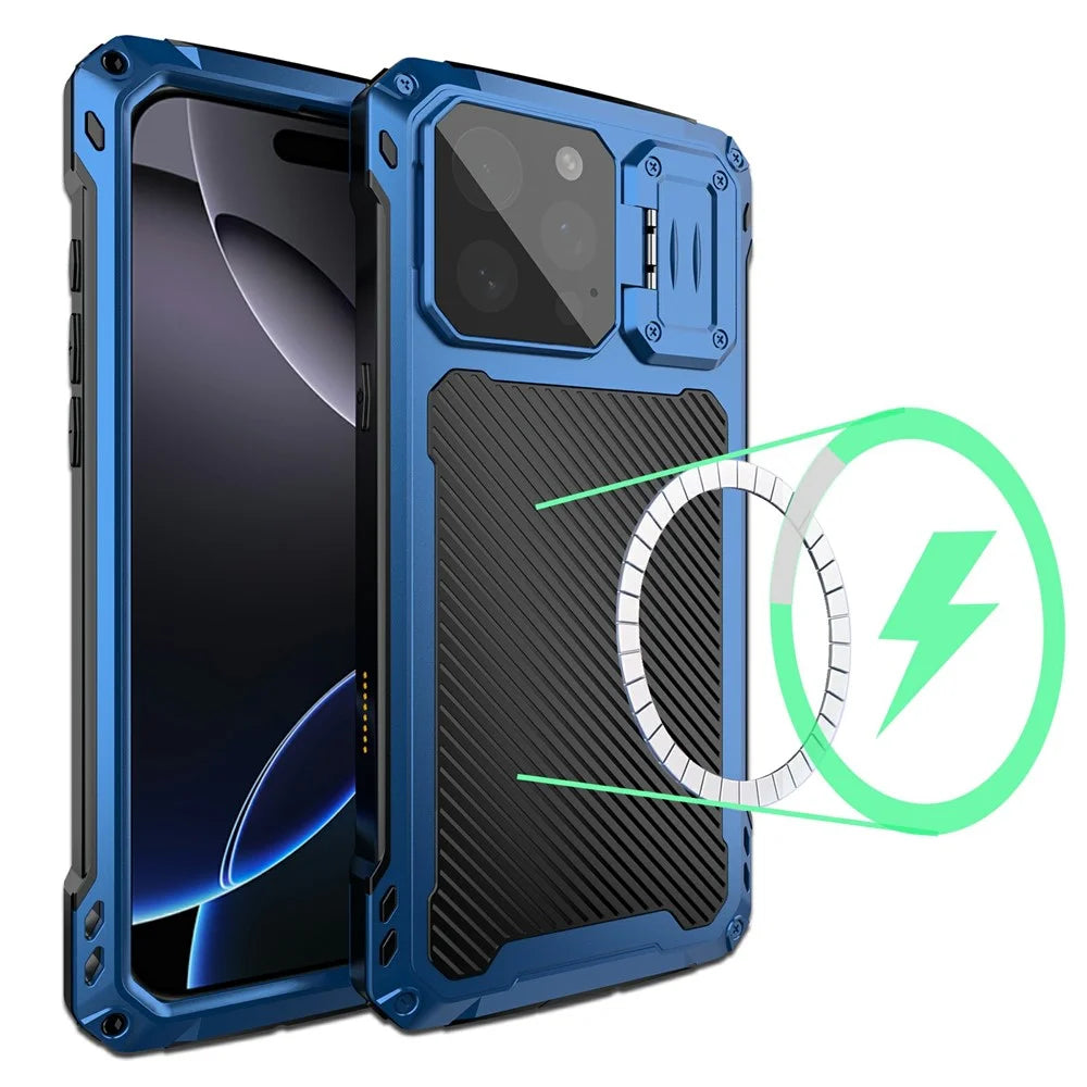 For iPhone 16 Pro Case Aluminum Alloy + Silicone Lens Kickstand Phone Cover with Tempered Glass Film - Blue - 2