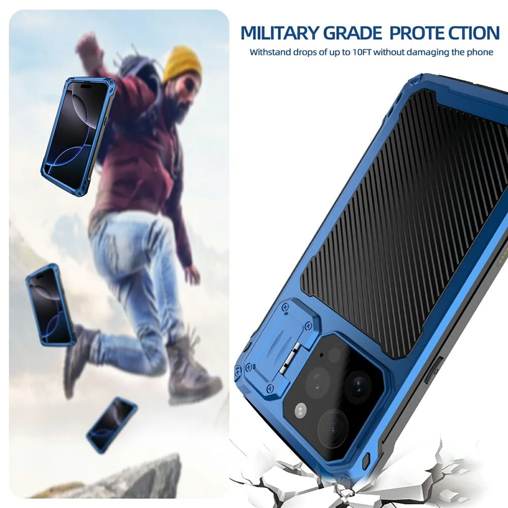 For iPhone 16 Pro Case Aluminum Alloy + Silicone Lens Kickstand Phone Cover with Tempered Glass Film - Blue - 3