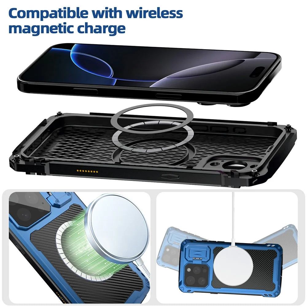 For iPhone 16 Pro Case Aluminum Alloy + Silicone Lens Kickstand Phone Cover with Tempered Glass Film - Blue - 4
