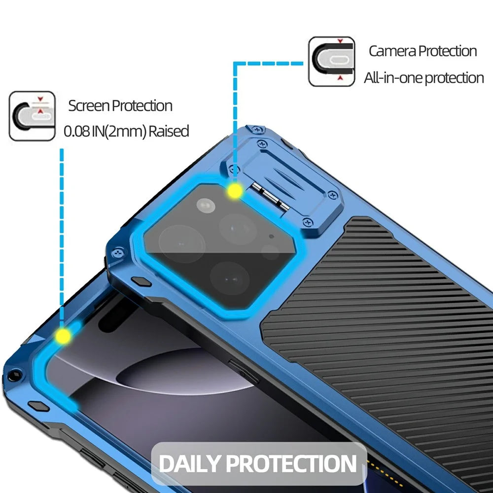 For iPhone 16 Pro Case Aluminum Alloy + Silicone Lens Kickstand Phone Cover with Tempered Glass Film - Blue - 5