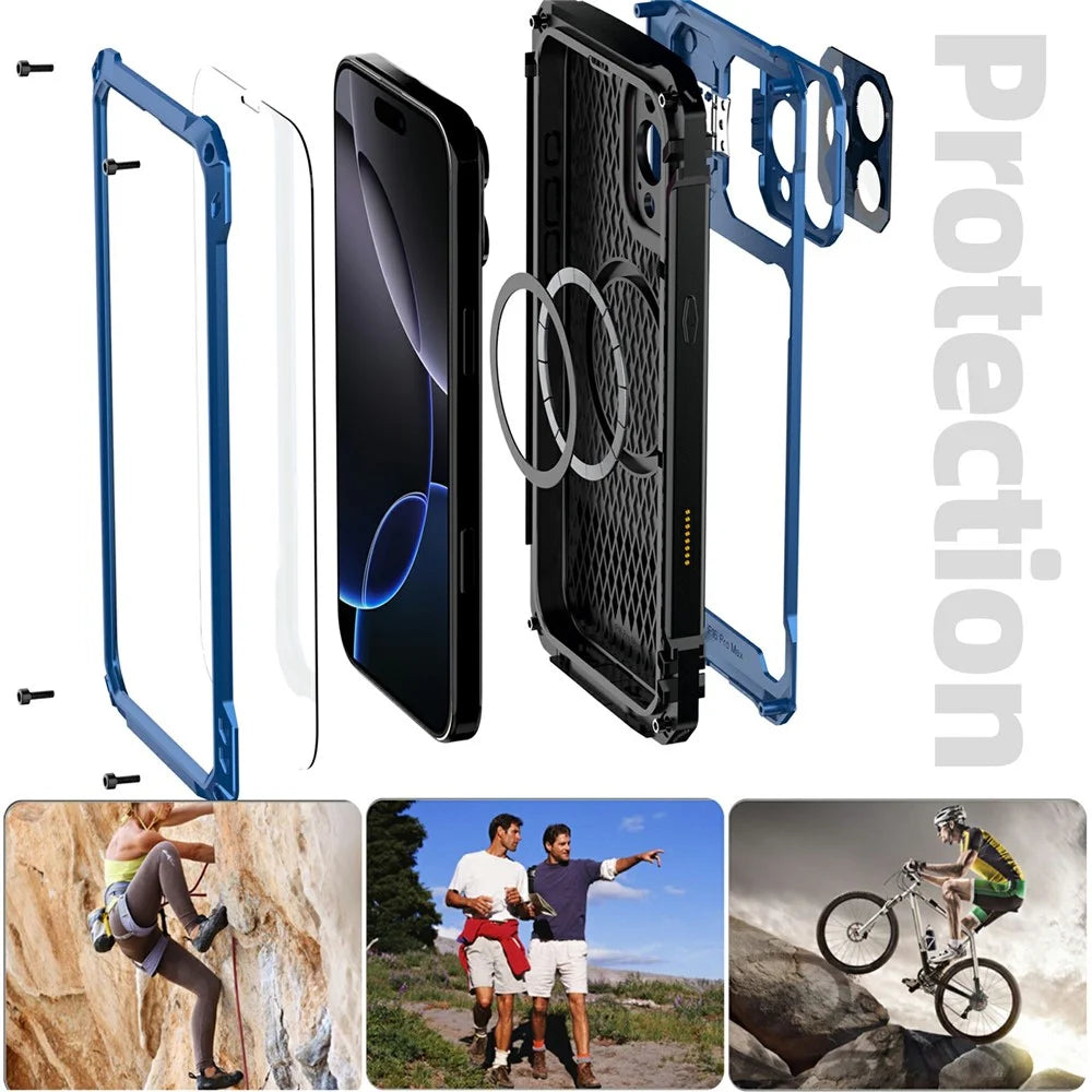 For iPhone 16 Pro Case Aluminum Alloy + Silicone Lens Kickstand Phone Cover with Tempered Glass Film - Blue - 7
