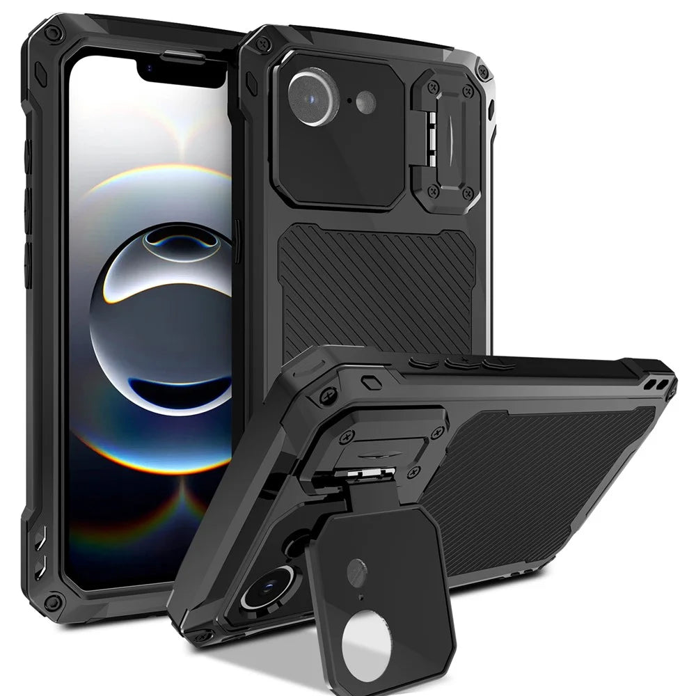 For iPhone 17e / 16e Case Aluminum Alloy + Silicone Lens Kickstand Phone Cover with Tempered Glass Film - Black - 1