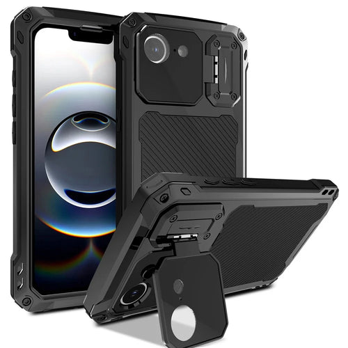 For iPhone 17e / 16e Case Aluminum Alloy + Silicone Lens Kickstand Phone Cover with Tempered Glass Film - Black - 1