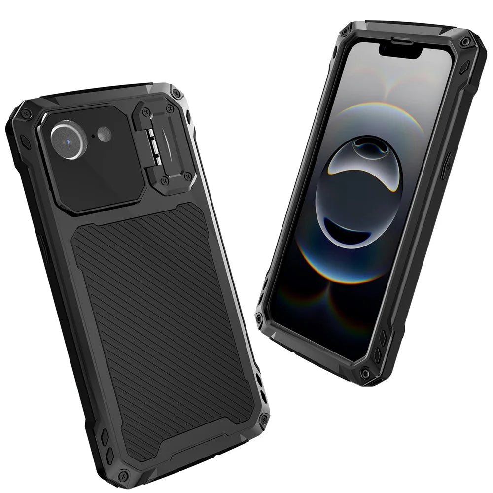 For iPhone 17e / 16e Case Aluminum Alloy + Silicone Lens Kickstand Phone Cover with Tempered Glass Film - Black - 2