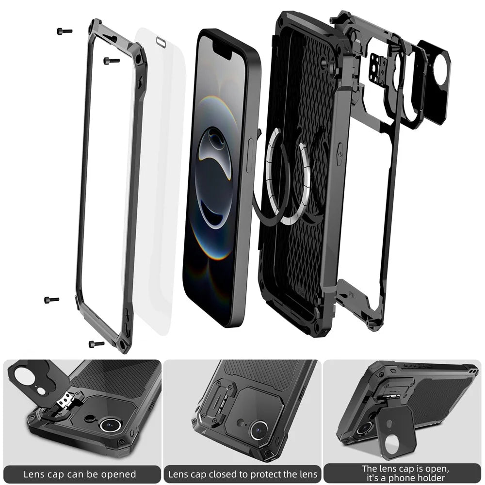 For iPhone 17e / 16e Case Aluminum Alloy + Silicone Lens Kickstand Phone Cover with Tempered Glass Film - Black - 3