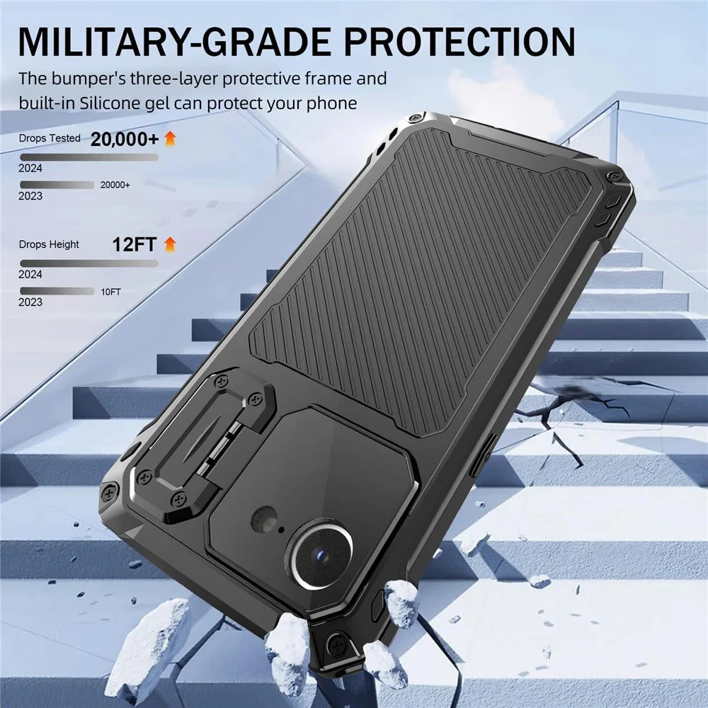 For iPhone 17e / 16e Case Aluminum Alloy + Silicone Lens Kickstand Phone Cover with Tempered Glass Film - Black - 5