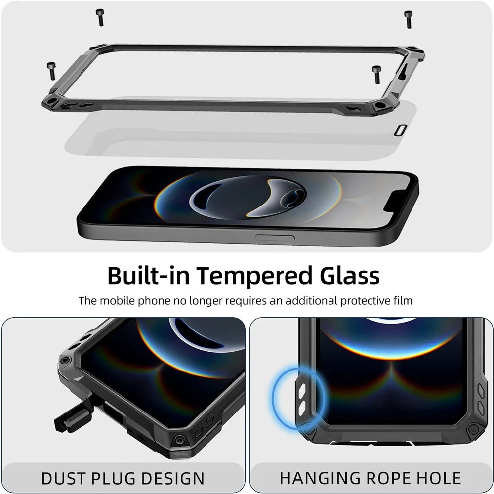 For iPhone 17e / 16e Case Aluminum Alloy + Silicone Lens Kickstand Phone Cover with Tempered Glass Film - Black - 6