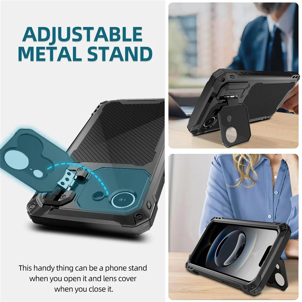 For iPhone 17e / 16e Case Aluminum Alloy + Silicone Lens Kickstand Phone Cover with Tempered Glass Film - Black - 7