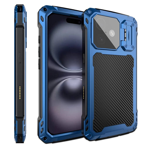 For iPhone 16 Plus Case Aluminum Alloy + Silicone Lens Kickstand Phone Cover with Tempered Glass Film - Blue - 1