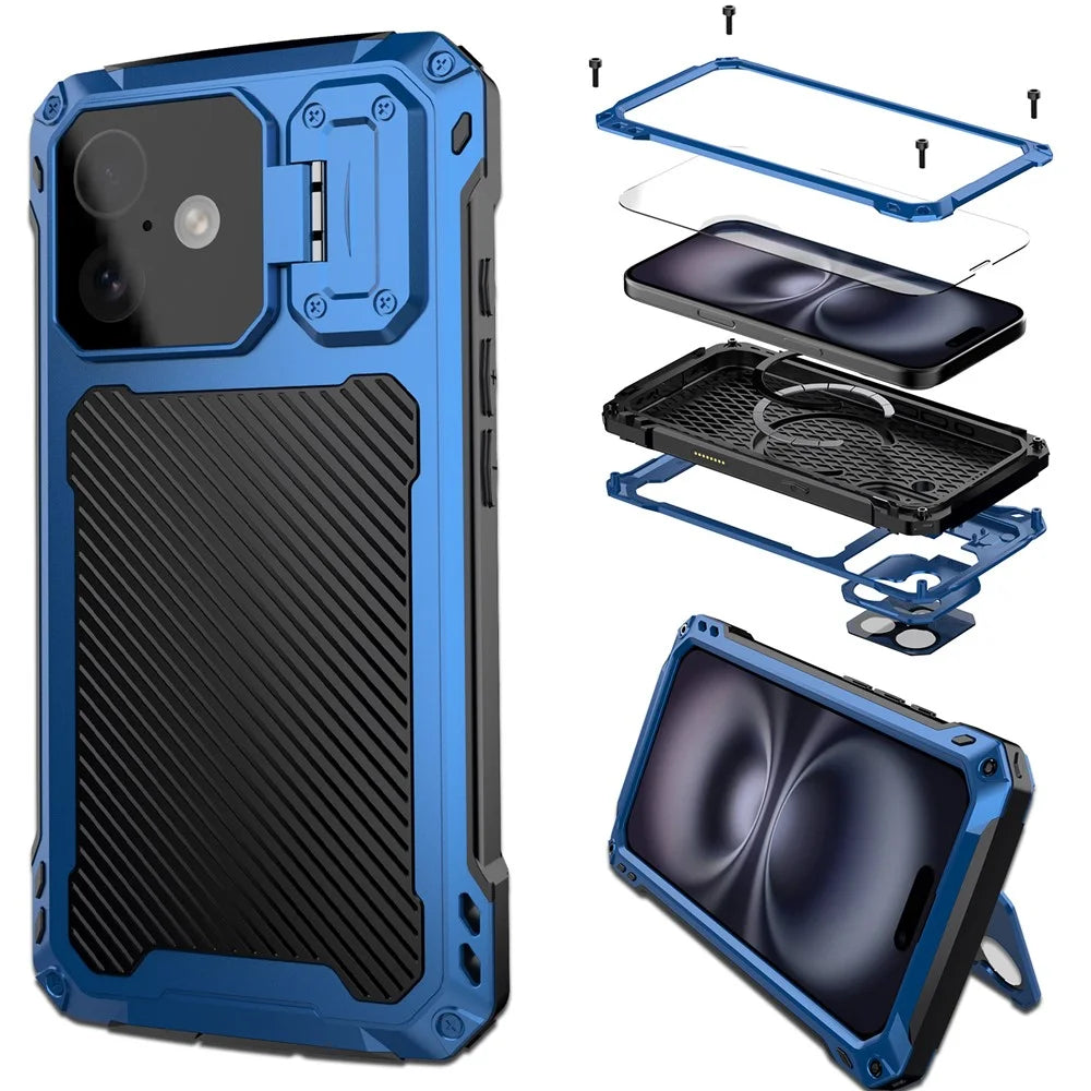 For iPhone 16 Plus Case Aluminum Alloy + Silicone Lens Kickstand Phone Cover with Tempered Glass Film - Blue - 2