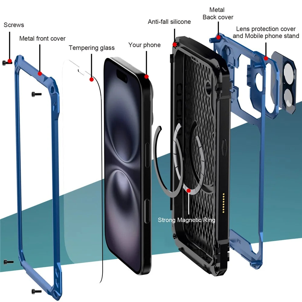 For iPhone 16 Plus Case Aluminum Alloy + Silicone Lens Kickstand Phone Cover with Tempered Glass Film - Blue - 3