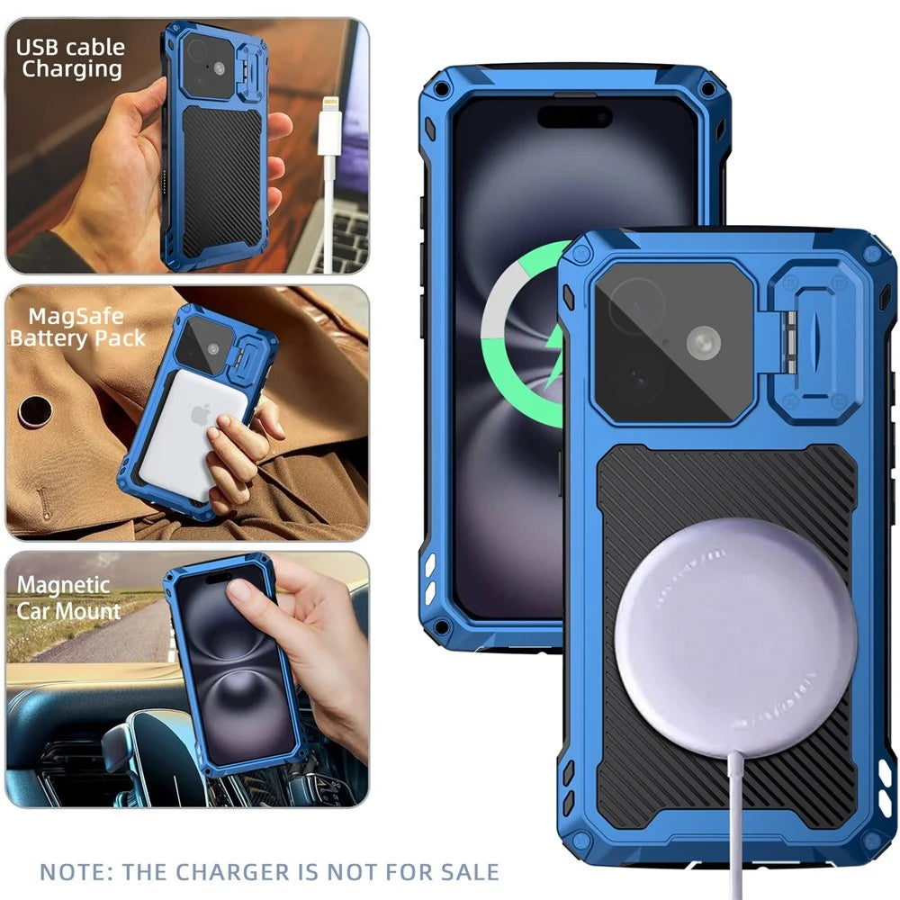For iPhone 16 Plus Case Aluminum Alloy + Silicone Lens Kickstand Phone Cover with Tempered Glass Film - Blue - 4