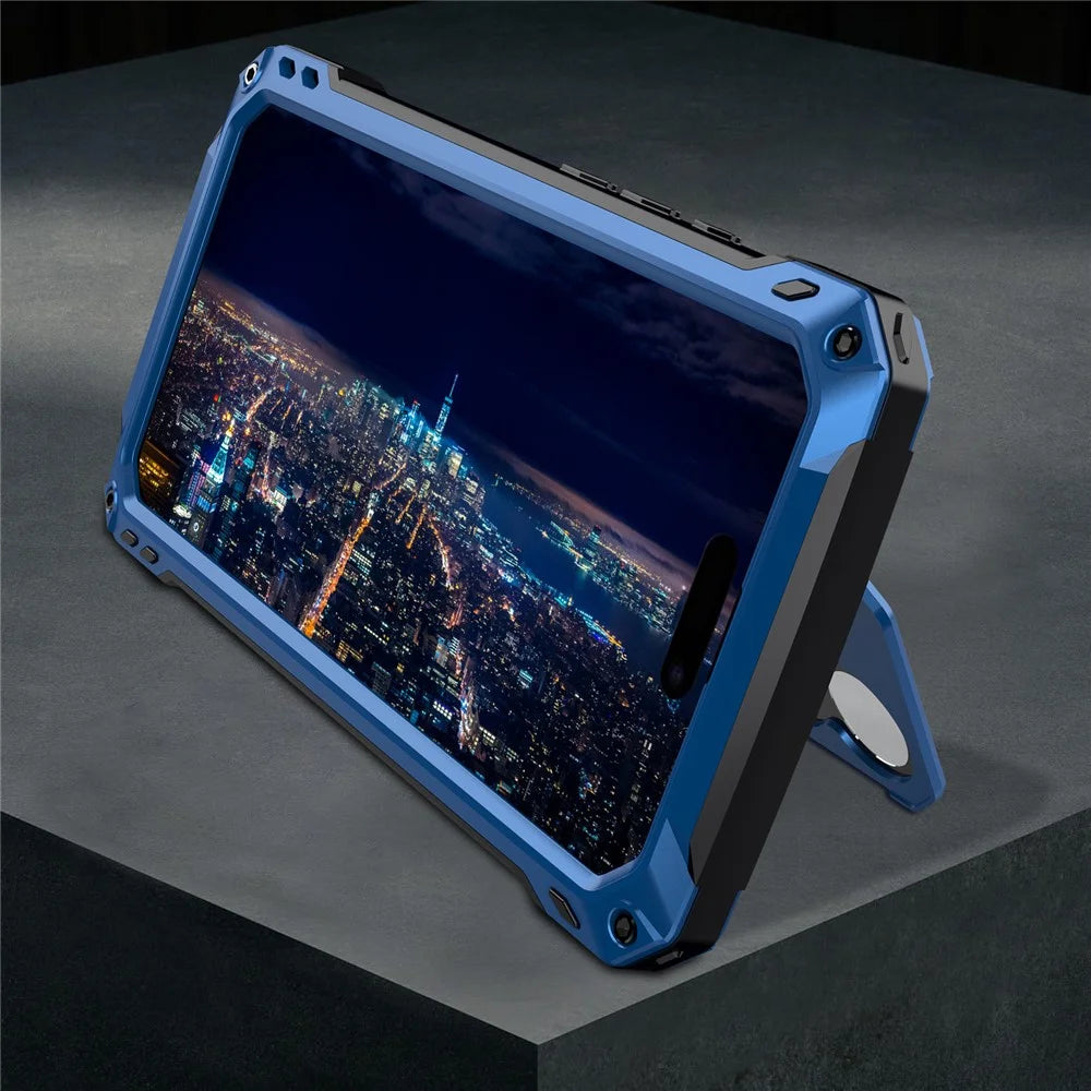 For iPhone 16 Plus Case Aluminum Alloy + Silicone Lens Kickstand Phone Cover with Tempered Glass Film - Blue - 6