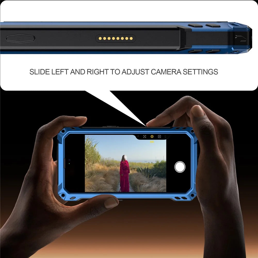 For iPhone 16 Plus Case Aluminum Alloy + Silicone Lens Kickstand Phone Cover with Tempered Glass Film - Blue - 7