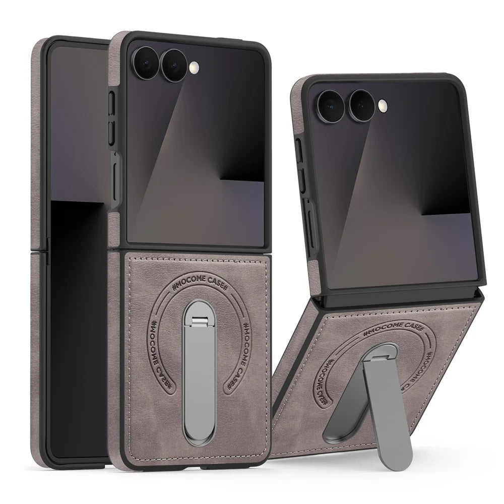 For Samsung Galaxy Z Flip7 5G Magnetic Case Rotating Kickstand Leather Coated PC Phone Cover - Grey - 1