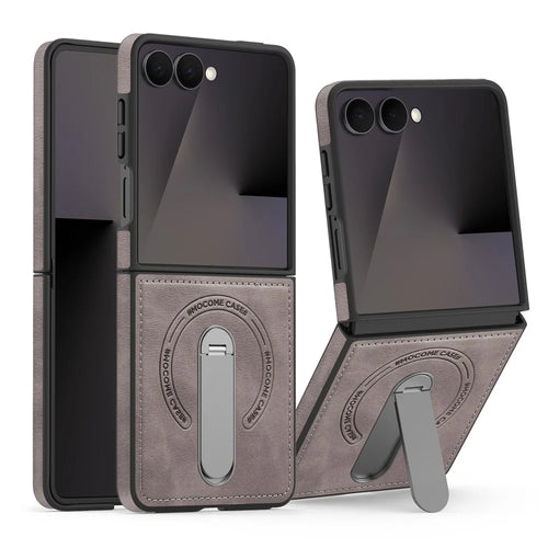 For Samsung Galaxy Z Flip7 5G Magnetic Case Rotating Kickstand Leather Coated PC Phone Cover - Grey - 1