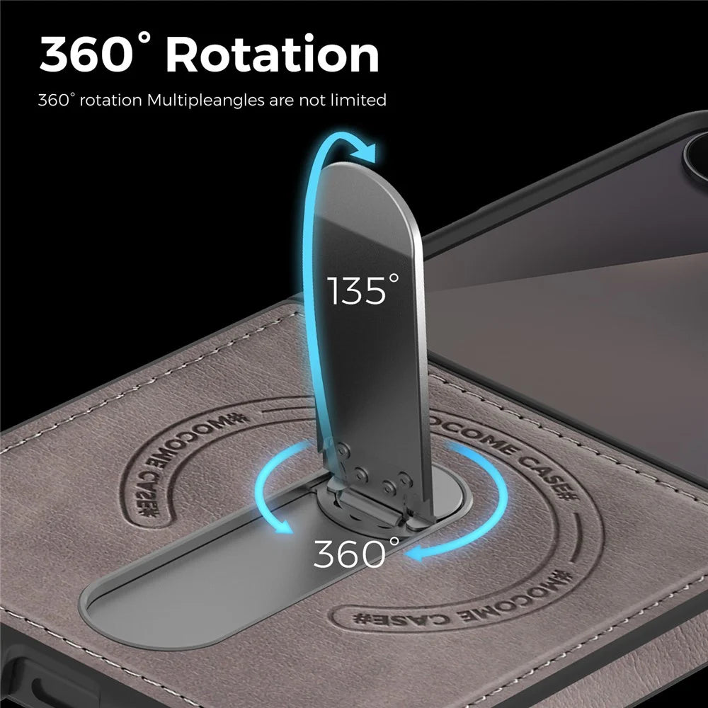 For Samsung Galaxy Z Flip7 5G Magnetic Case Rotating Kickstand Leather Coated PC Phone Cover - Grey - 2