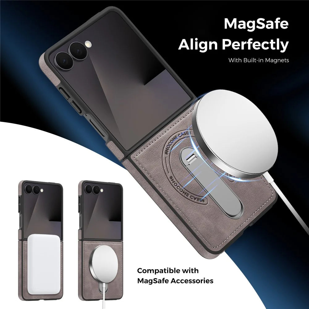 For Samsung Galaxy Z Flip7 5G Magnetic Case Rotating Kickstand Leather Coated PC Phone Cover - Grey - 3