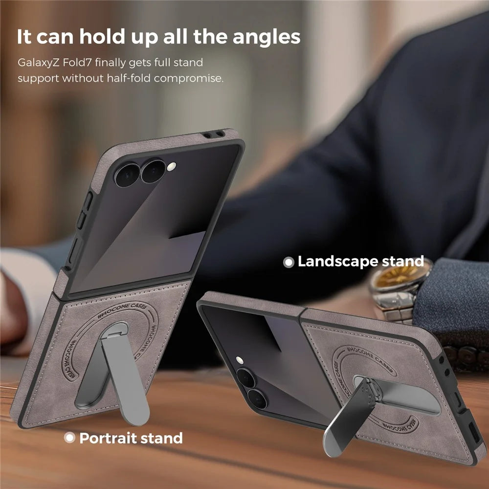 For Samsung Galaxy Z Flip7 5G Magnetic Case Rotating Kickstand Leather Coated PC Phone Cover - Grey - 4
