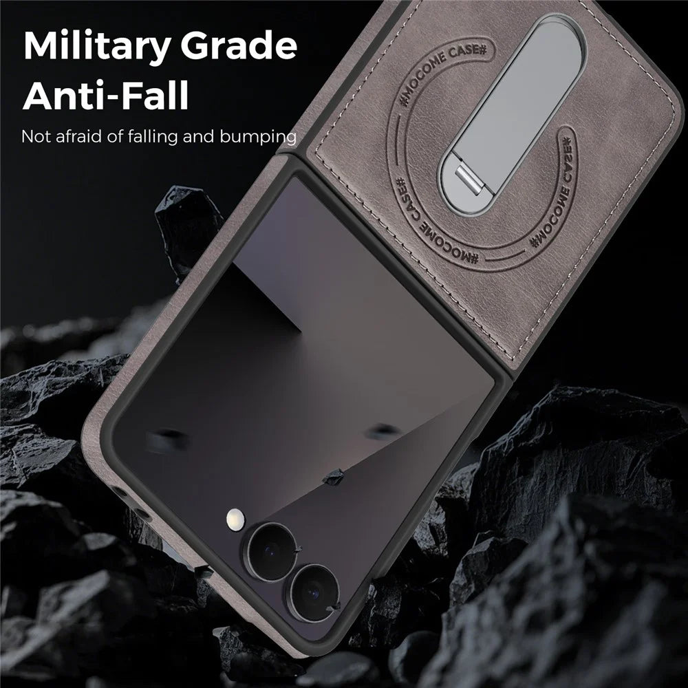 For Samsung Galaxy Z Flip7 5G Magnetic Case Rotating Kickstand Leather Coated PC Phone Cover - Grey - 5