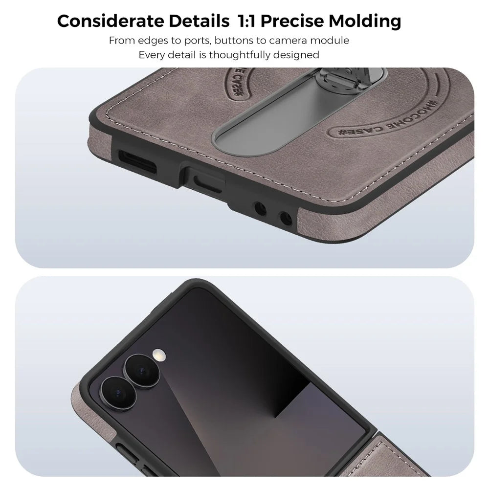 For Samsung Galaxy Z Flip7 5G Magnetic Case Rotating Kickstand Leather Coated PC Phone Cover - Grey - 6