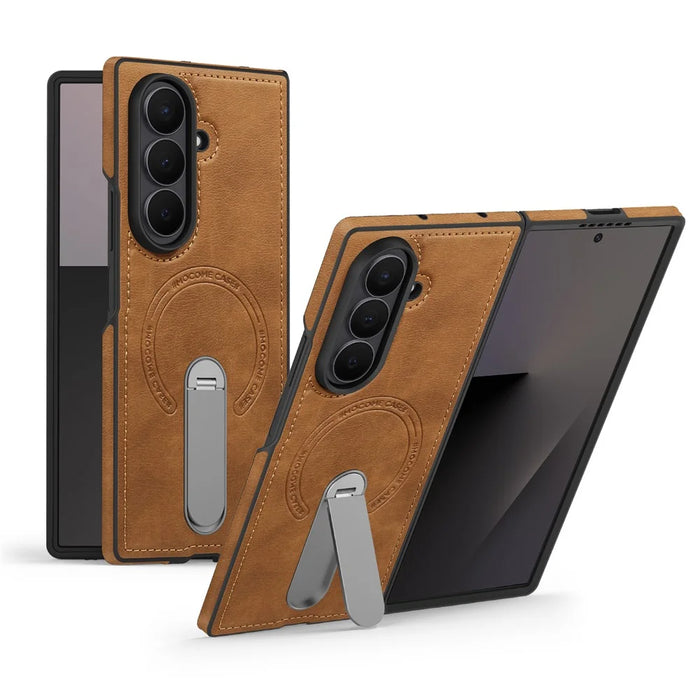 For Samsung Galaxy Z Fold7 5G Magnetic Case Rotating Kickstand Leather Coated PC Phone Cover - Brown - 1