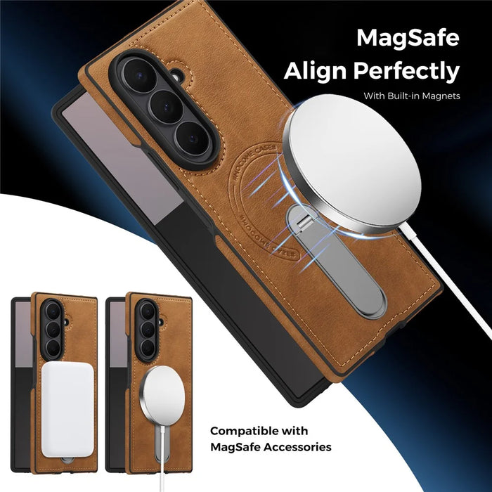 For Samsung Galaxy Z Fold7 5G Magnetic Case Rotating Kickstand Leather Coated PC Phone Cover - Brown - 3