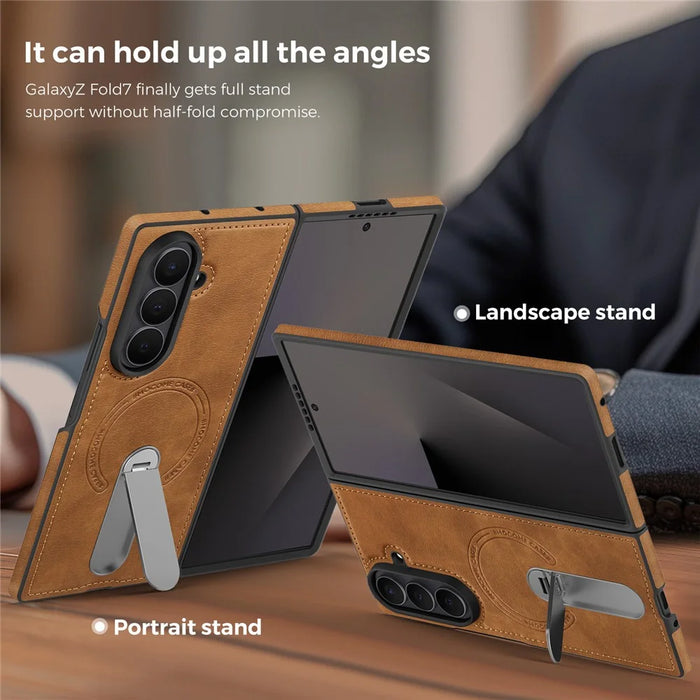 For Samsung Galaxy Z Fold7 5G Magnetic Case Rotating Kickstand Leather Coated PC Phone Cover - Brown - 4