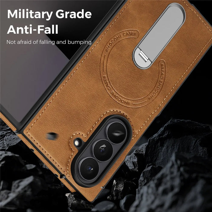For Samsung Galaxy Z Fold7 5G Magnetic Case Rotating Kickstand Leather Coated PC Phone Cover - Brown - 5